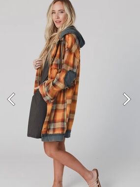 Three Bird Nest Orange Plaid Hooded Teddy Jacket with Charcoal Accents